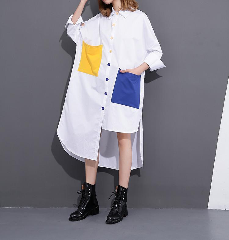 Asymmetrical Yellow And Blue Button Up Shirt Dress