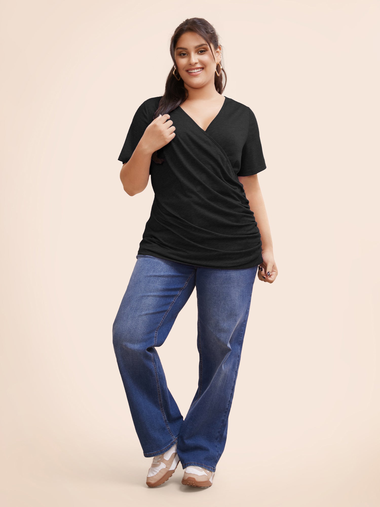Solid Heather Overlap Collar Gathered T-shirt