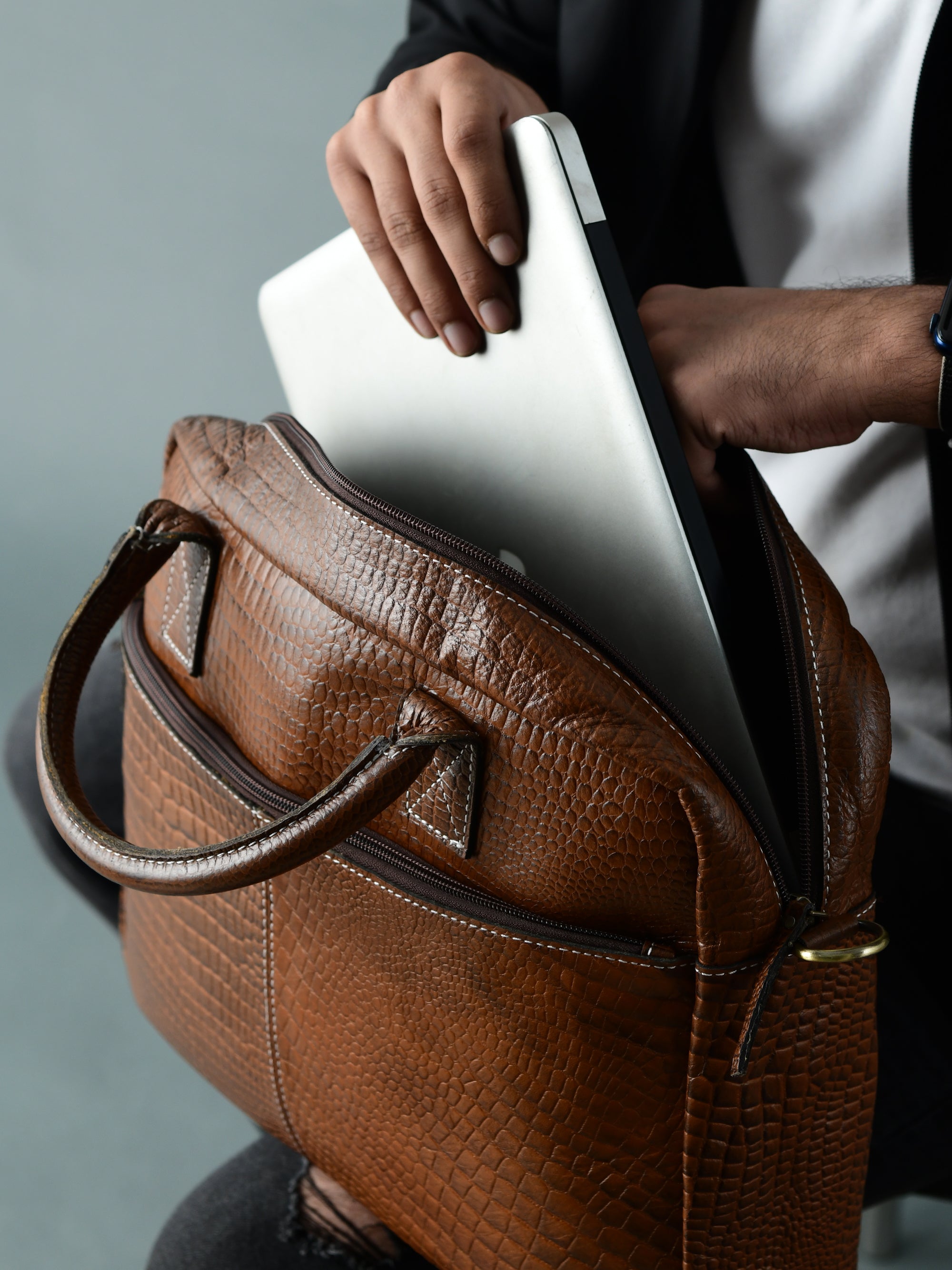 Laurent Slim Leather Briefcase- Brown