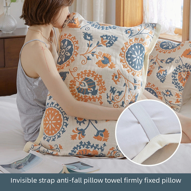 Four-layer Cotton Gauze Pillow Towel Elastic Band Fixed Anti-shedding Adult Pillow Turban Season Couple Cover Towel