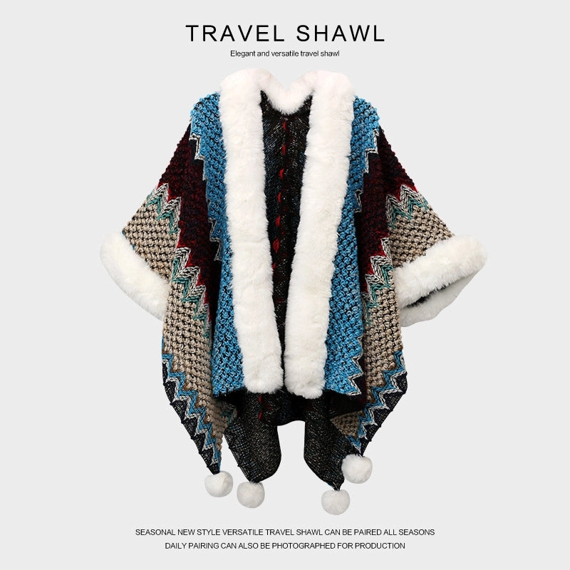 Women's Retro Multicolor Knit Patchwork Shawl
