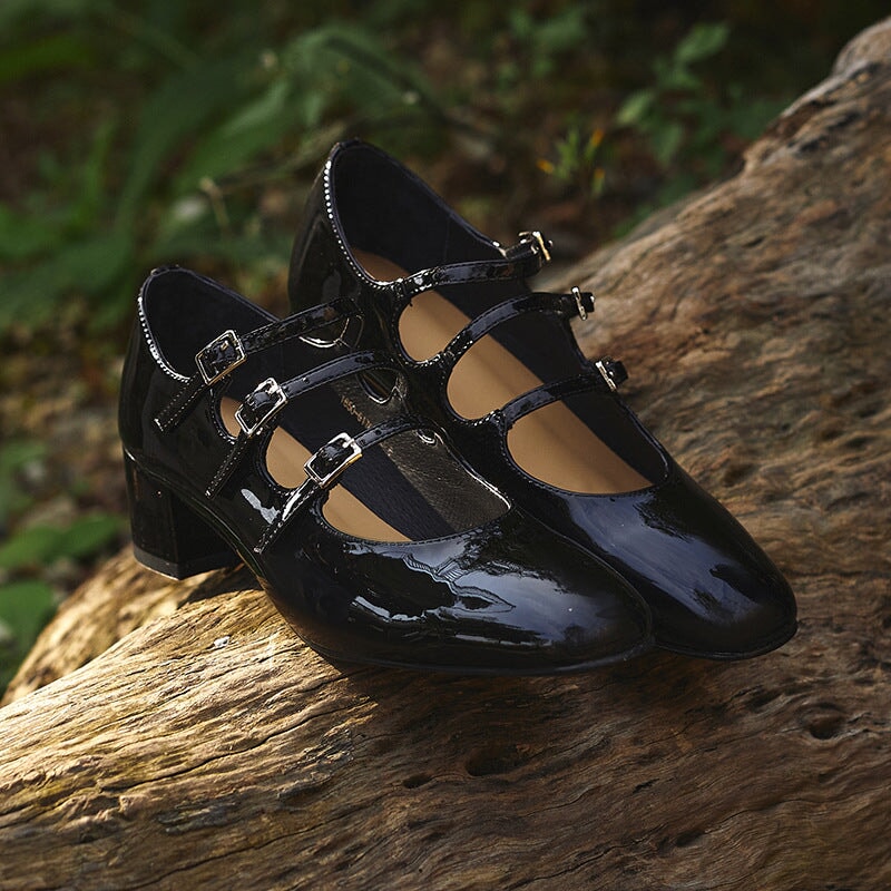 Patent Leather Mary Jane Pumps Triple-strap 40mm Block Heel in Red/Black/Wine Red
