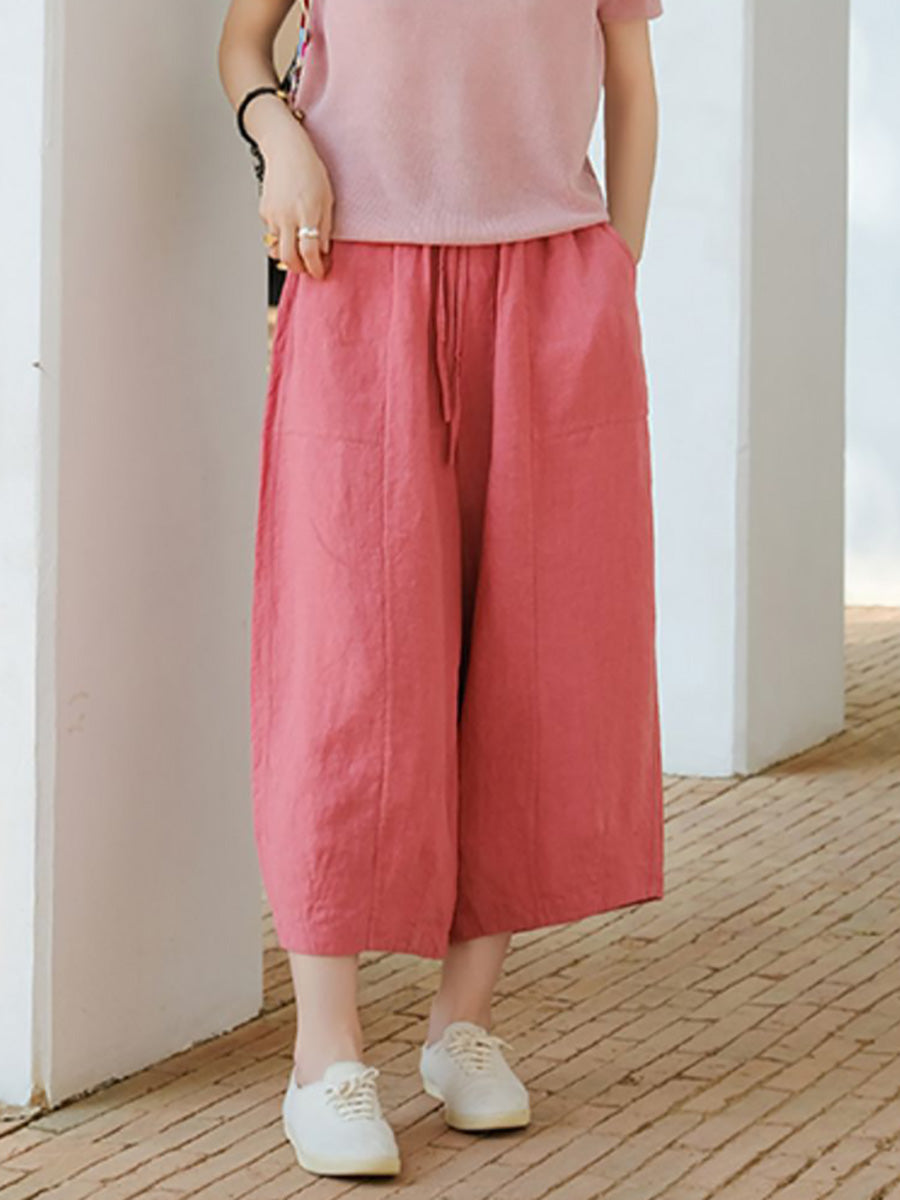 Women Summer Casual Pure Color 100%Linen Bloomers