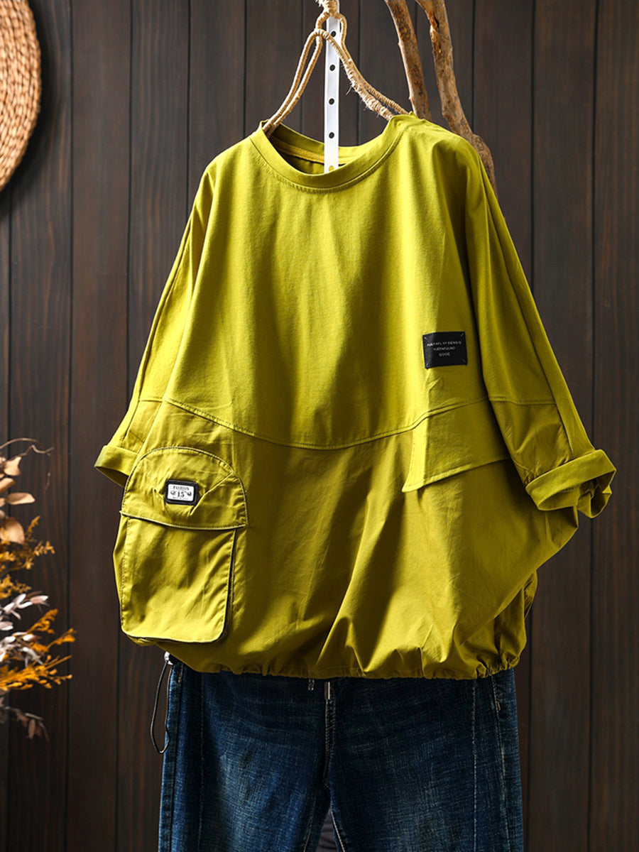 Women Summer Pocket Pure Color O-Neck Cotton Shirt