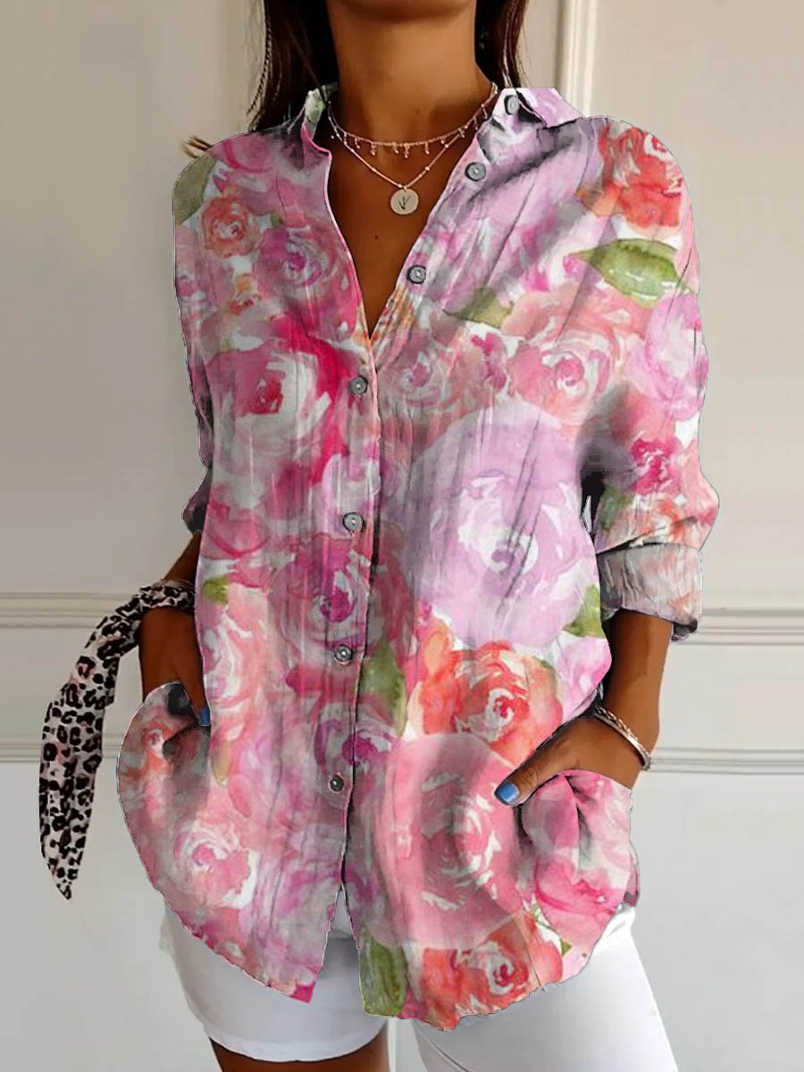 Women's Lovely Floral Breast Cancer Awareness Art Print Casual Cotton Shirt