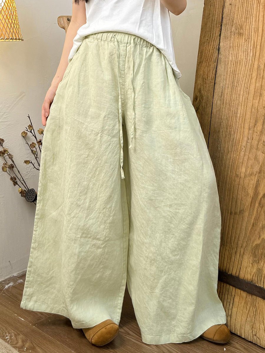 Women Summer Pure Color Hemp Loose Straight Pants