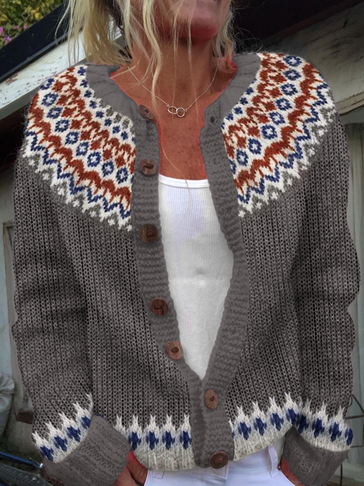 Retro Geometric Knitted Button Down Cozy Sweater