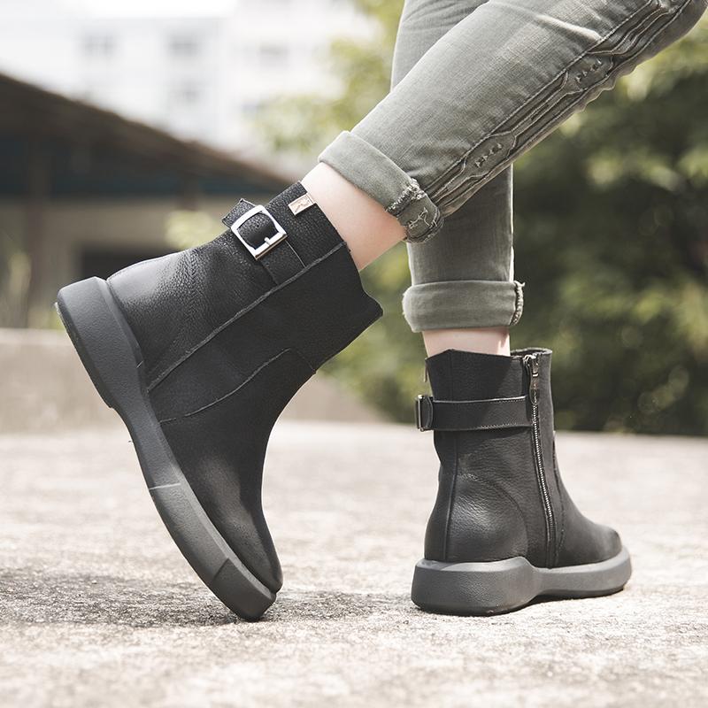 Waxing?Leather Ankle Boots Back Buckle Decorate Black/Coffee