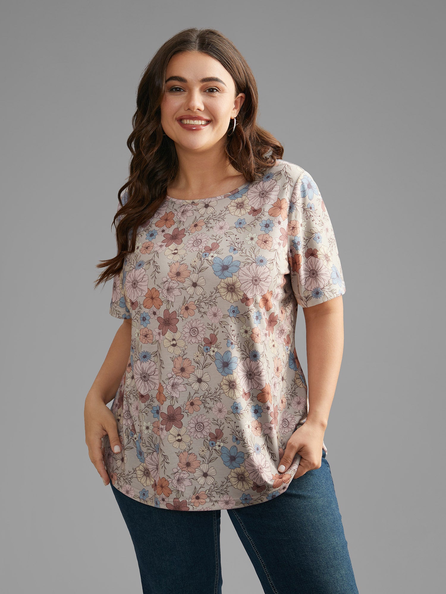 Crew Neck Floral Print Stretchy T-shirt