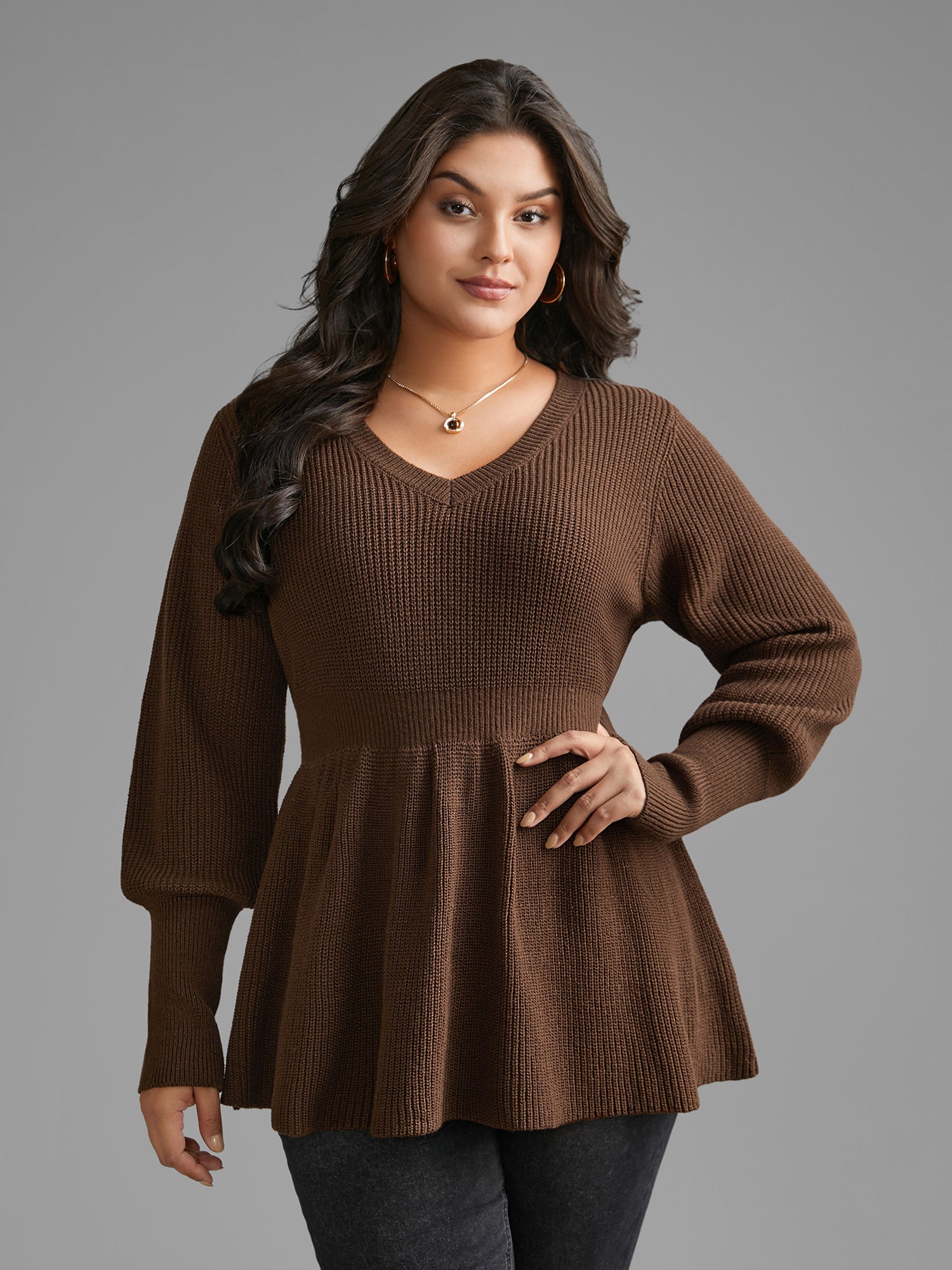 Plain V Neck Lantern Sleeve Pullover