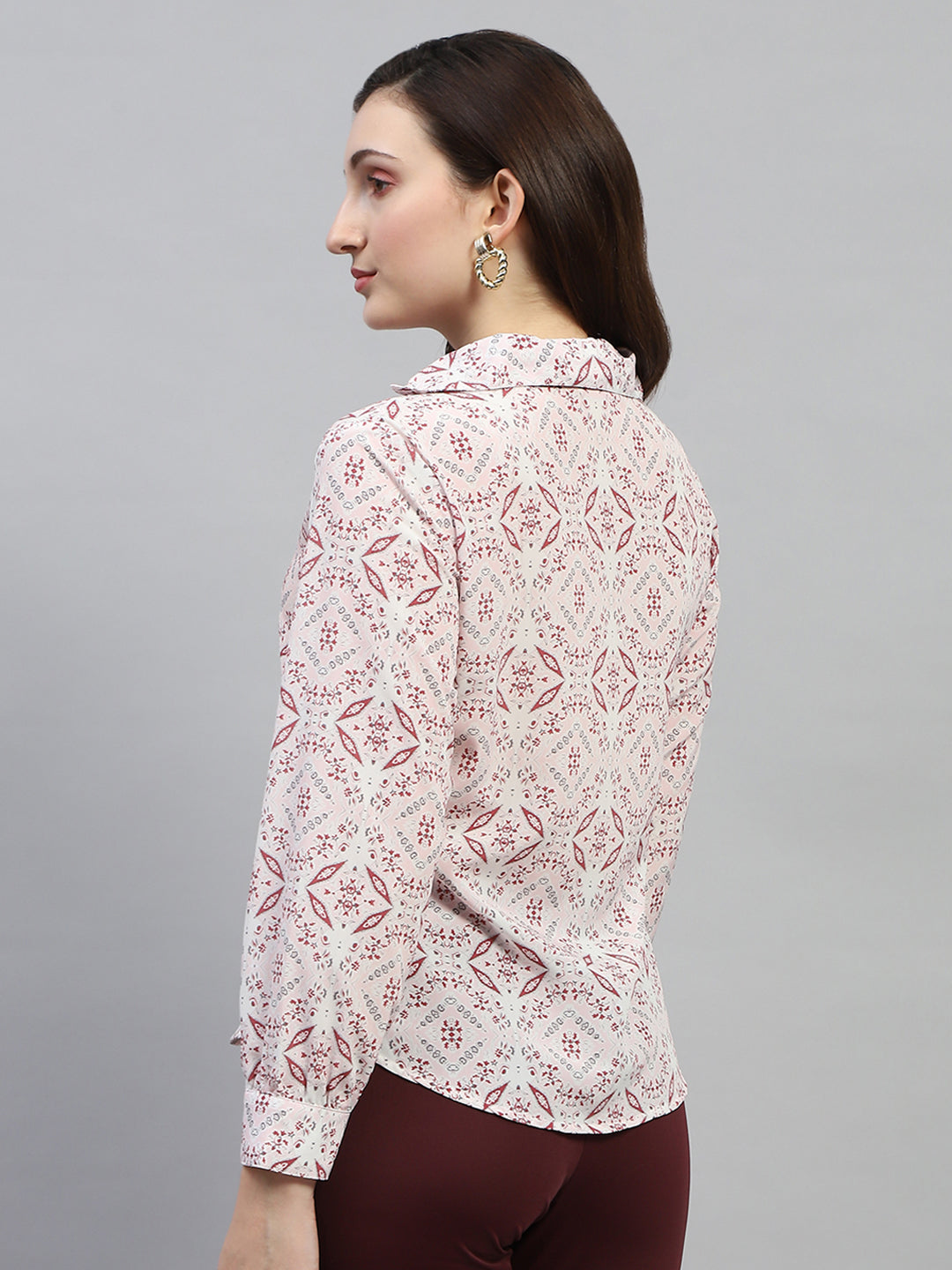 Women Pink Printed Collar Full Sleeve Top