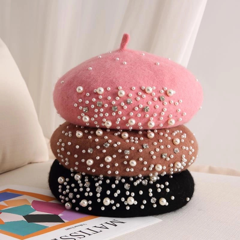 Style Pearl Rhinestone Wool Beret Women's Autumn And Winter British Style Retro Korean Style Japanese Style Western Style Painter Hat