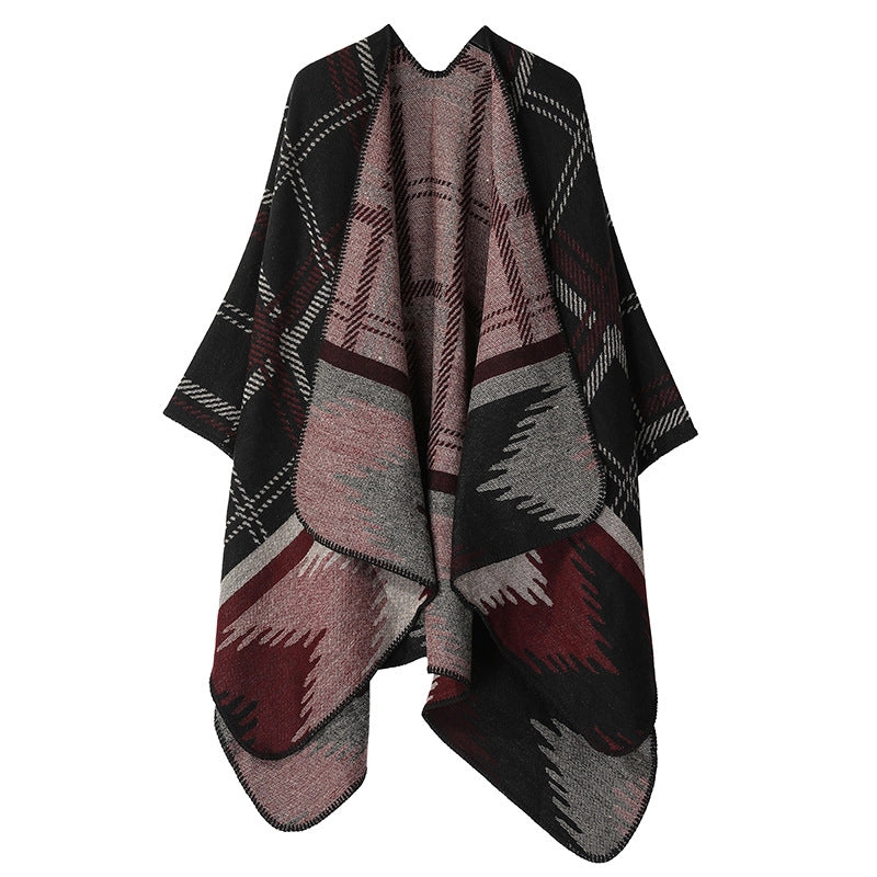 Winter Cashmere Double-sided Plaid Shawl Women's Outer Cape Increased Thickness Warm Knitted Scarf Spot