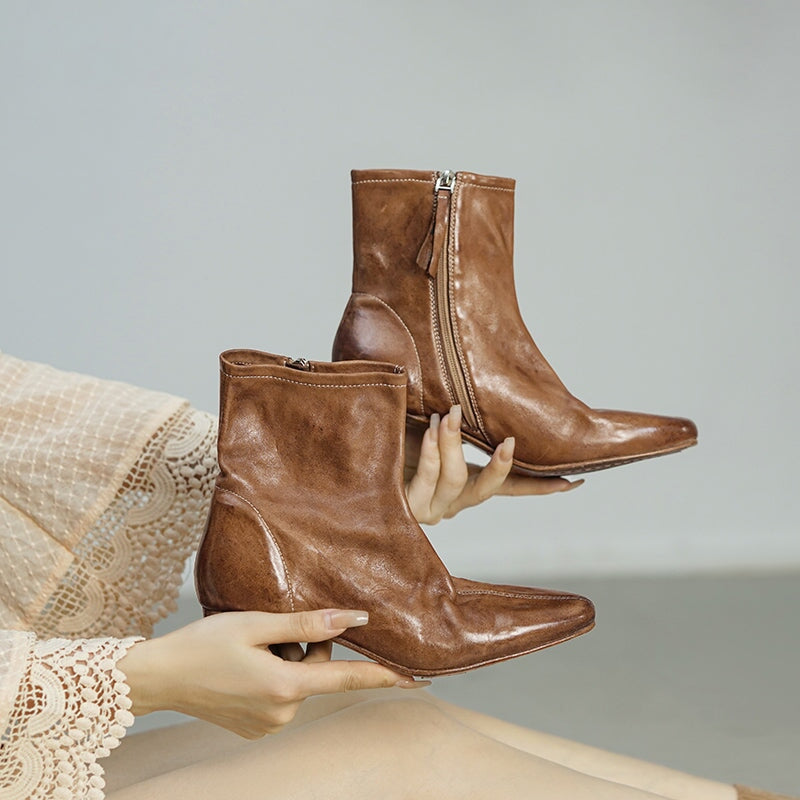 Horse Leather Western Boots Short Boots Side Zip For Women In Black/Brown/Apricot