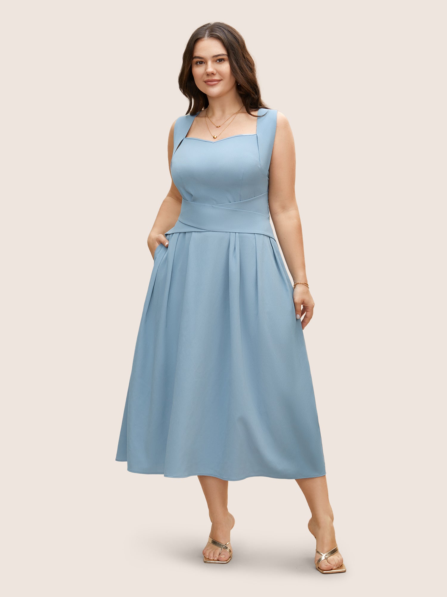 Heart Neckline Crossover Shirred Midi Dress