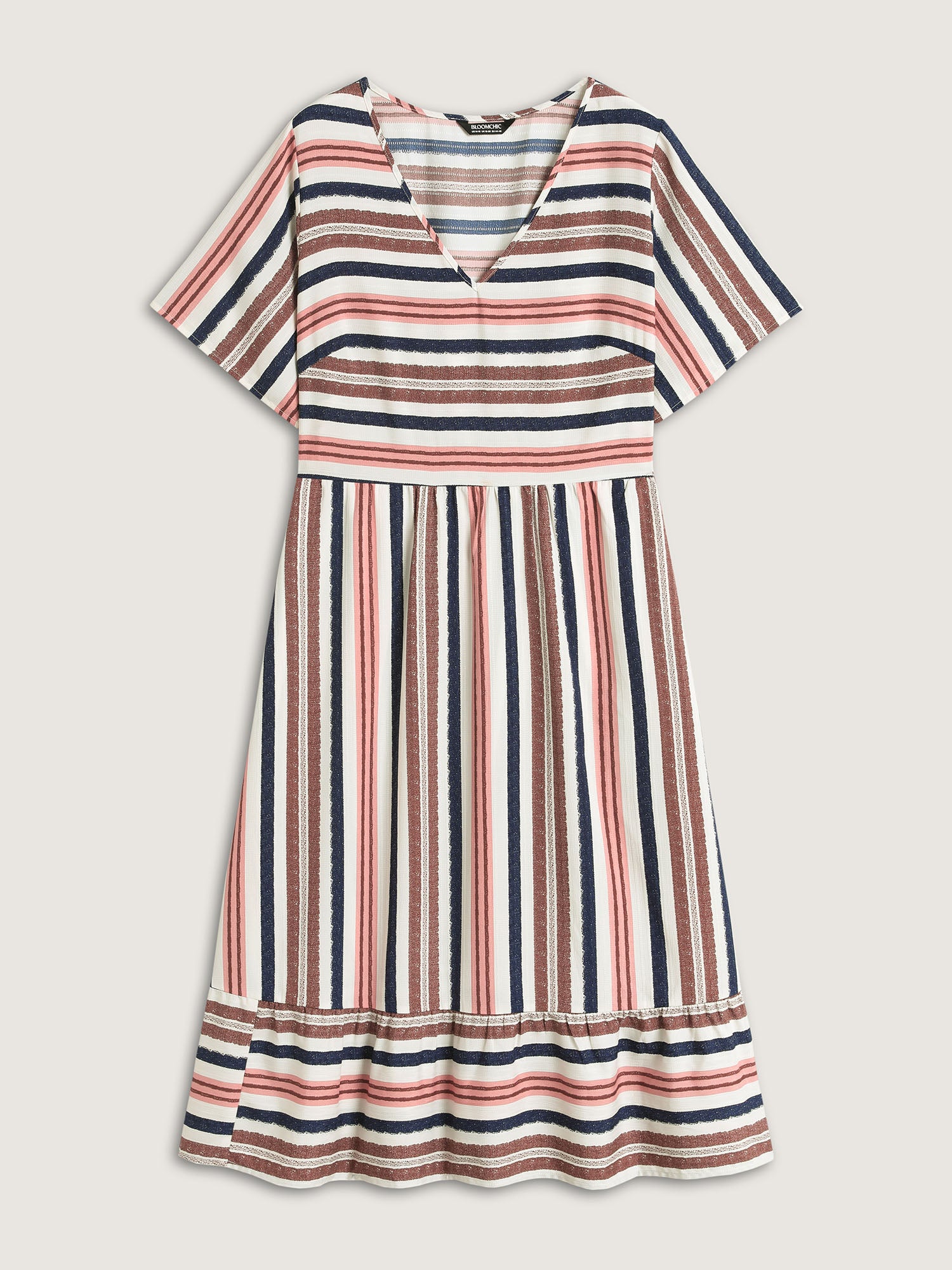 Asymmetrical Stripes V-Neck Tiered Midi Dress
