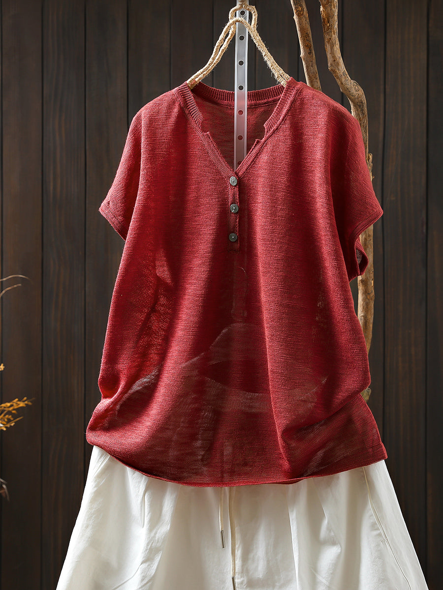 Women Summer Casual Pure Color Knitted V-Neck Shirt
