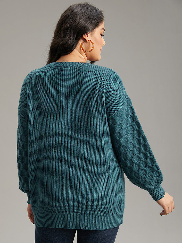 Solid Cable Knit V Neck Drop Shoulder Pullover