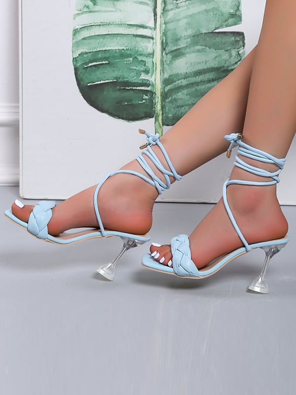 Lace-Up Open Toe Split-Joint Square-Toe Pumps Sandals