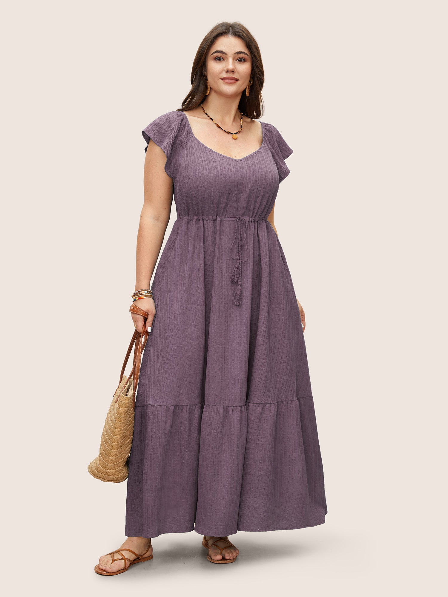 Texture Drawstring Tie Knot Tassels Dress