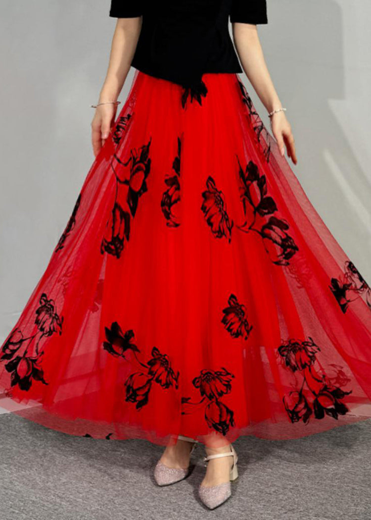 Italian Red Embroidered Elastic Waist Tulle Maxi Skirts Summer