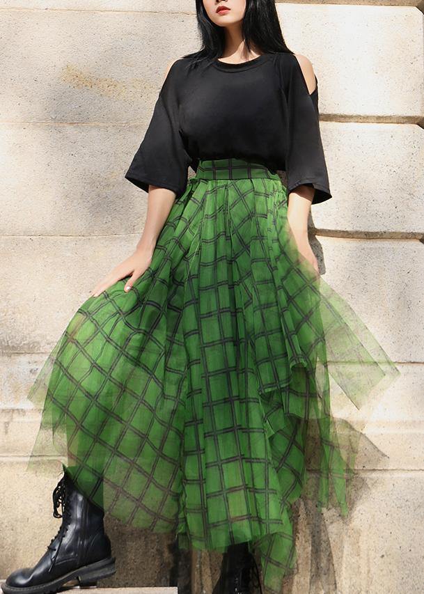 Boho Green Plaid tulle asymmetrical design Skirt Summer