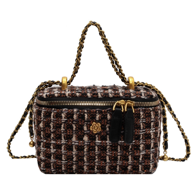 Women's Canvas Plaid Elegant Sewing Thread Square Zipper Shoulder Bag Crossbody Bag Square Bag