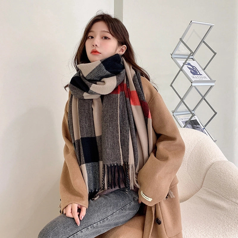 Scarf Women's Winter New Plaid Printed Tassel Imitation Cashmere Scarf Fashionable Mid-length Warm Shawl Scarf