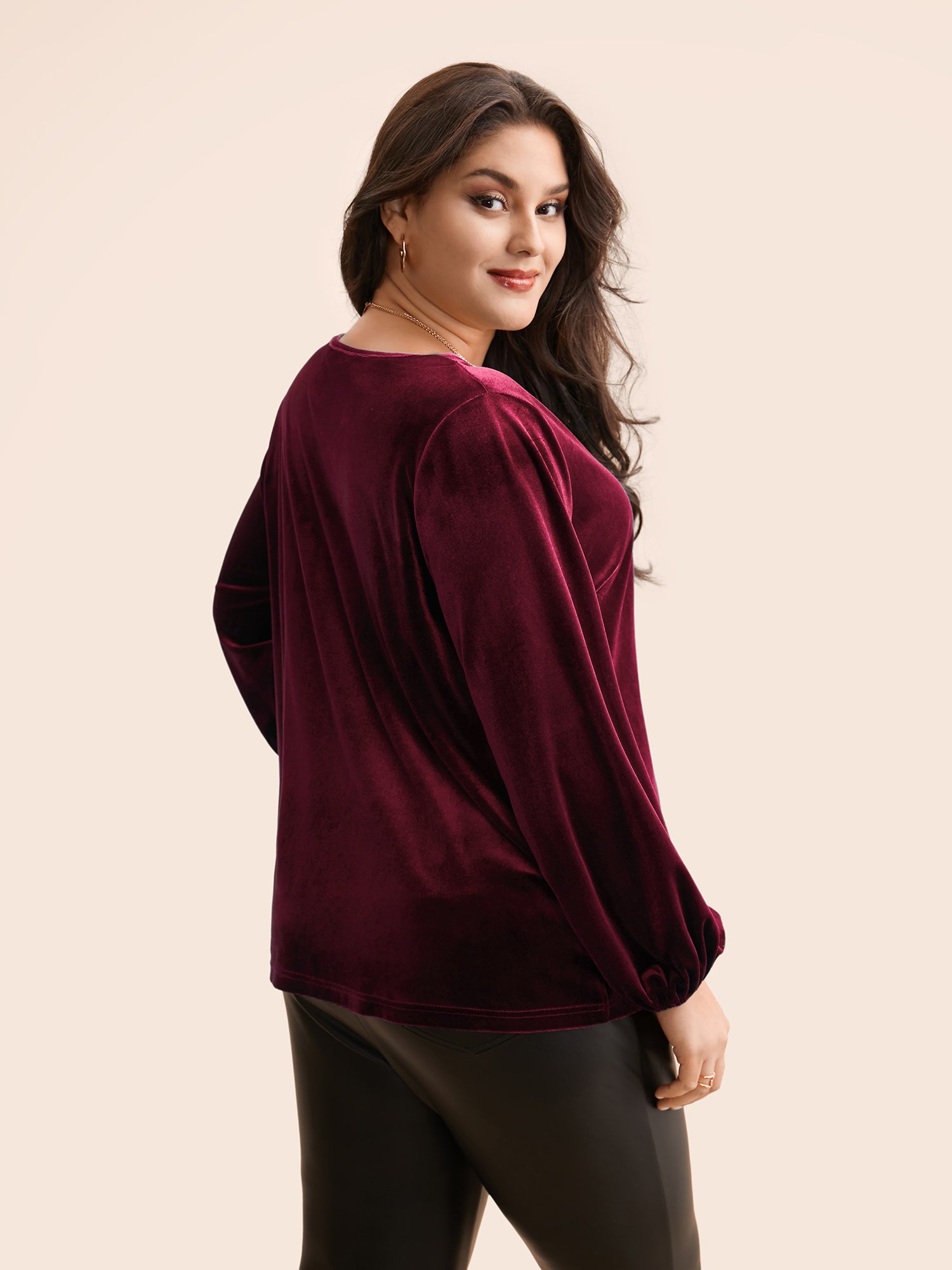 V Neck Velvet Lantern Sleeve Blouse