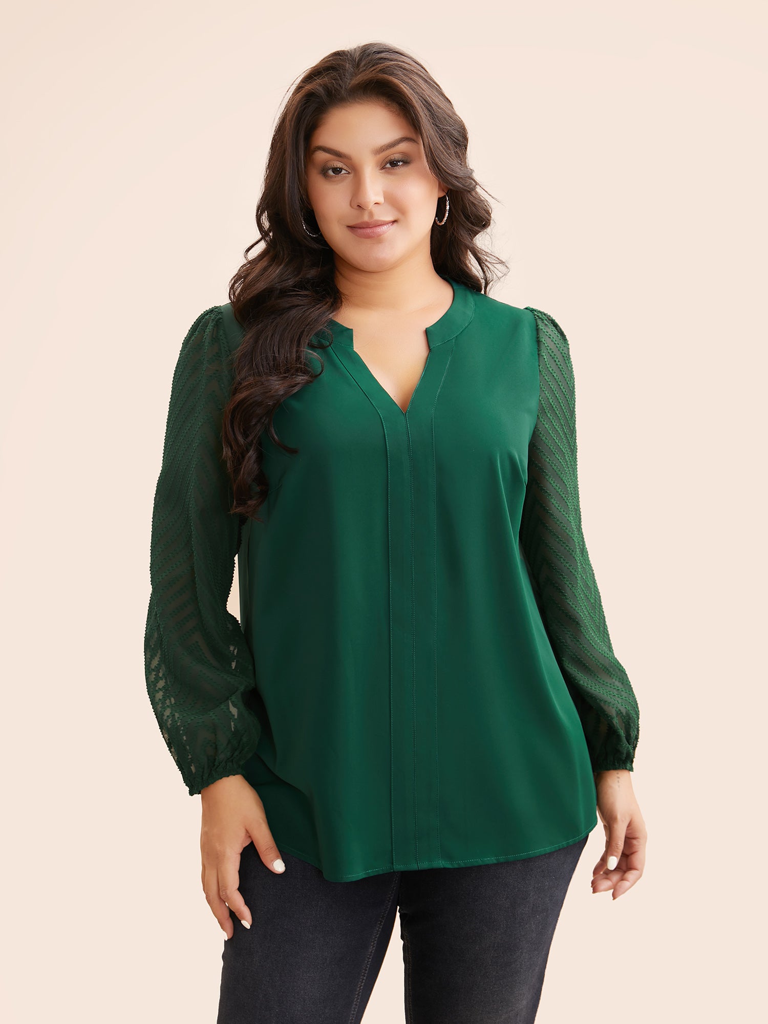 Solid Textured Notched Collar Pleated Blouse