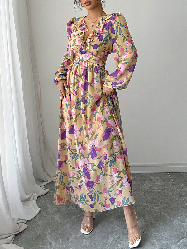 A-Line Long Sleeves Contrast Color Elasticity Flower Print Pleated Ruffle Trim V-Neck Maxi Dresses