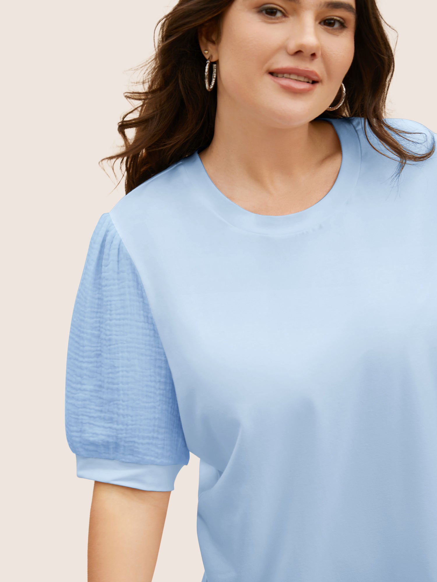 Plain Textured Patchwork Lantern Sleeve T-shirt