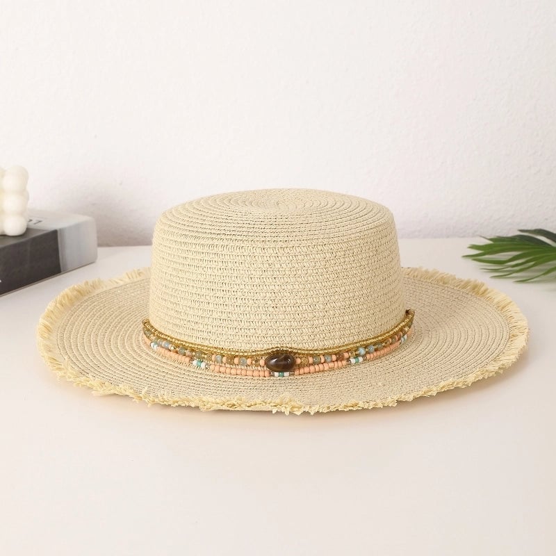 Women's Vacation Pastoral Solid Color Straps Wide Eaves Straw Hat