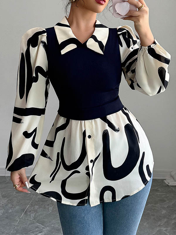 Long Sleeves Loose Buttoned Contrast Color Pleated Split-Joint Lapel Blouses&Shirts Tops