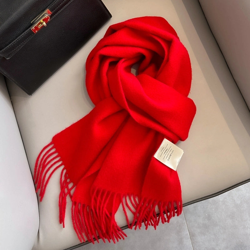 White Pure Wool Scarf Female Winter Student Warm Scarf New Versatile Tassel Narrow Scarf Couple