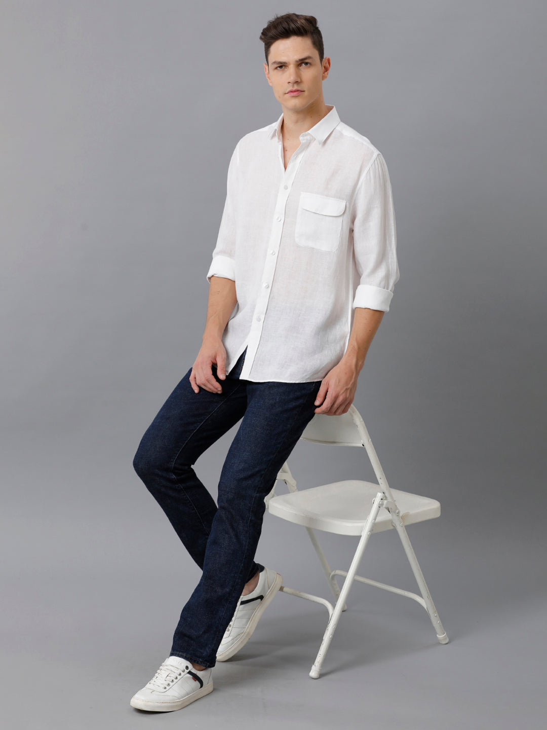 Mens Regular Fit Solid White Casual Linen Shirt (LINNO)