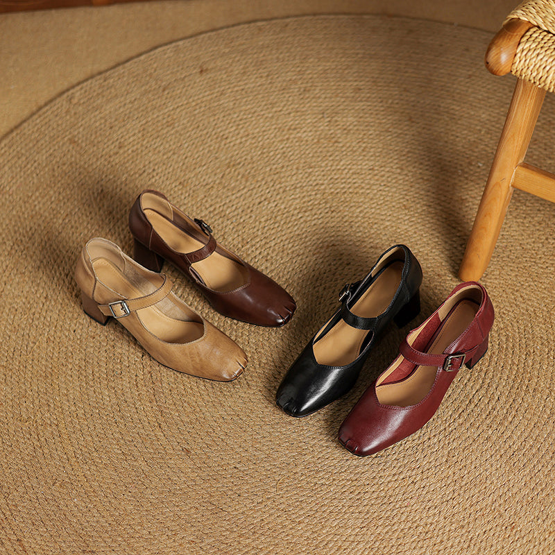Vintage Square Toe 60mm Cow Leather Mary Jane Pumps in Brown/Red/Black/Khaki
