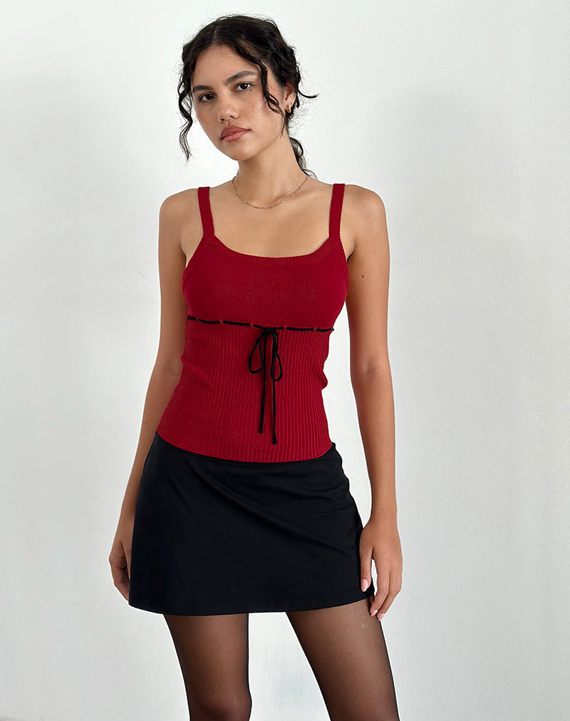 Joanie Rib Cami Top in Red with Black Tie