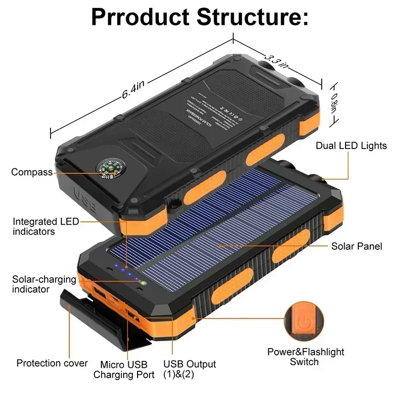 200000mAh Portable Solar Power Bank Suitable Xiaomi iPhone Samsung Outdoor Charger Power Bank Dual USB Charging with LED Light