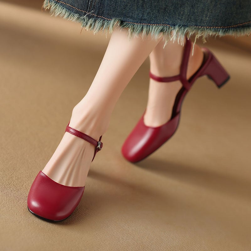 Handmade Sheepskin Strap Sandals Block Heel Round Toe Mary Jane Shoes