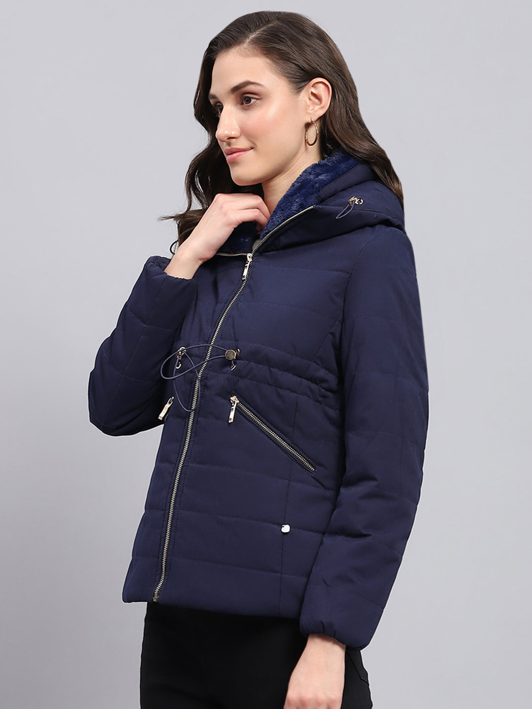 Women Navy Blue Solid Hooded Full Sleeve Jacket