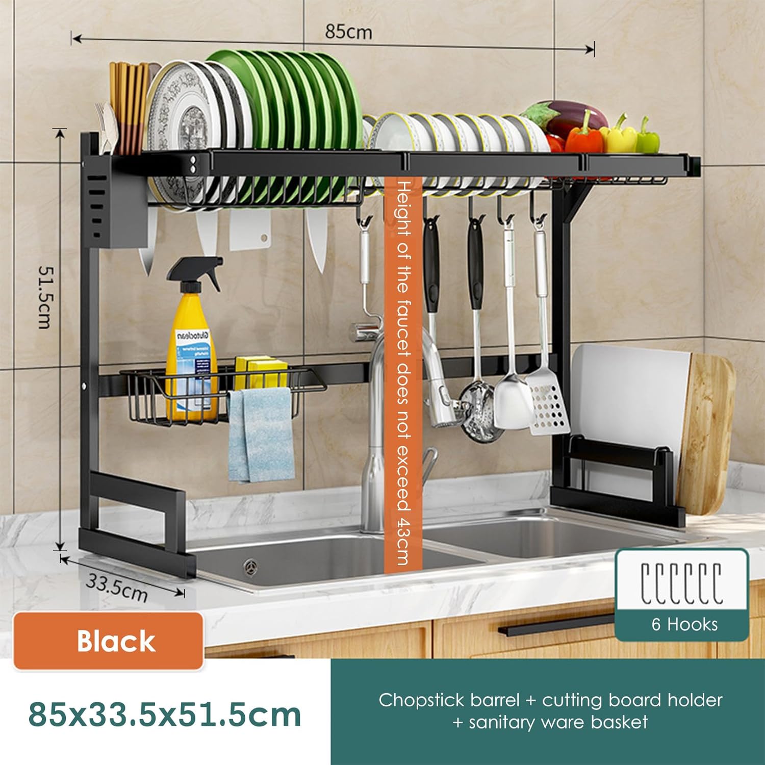 Kitchen Sink Rack- Double. Stainless Steel Over Sink Dish Drying Rack