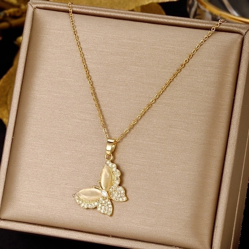 3 Pieces Elegant Minimalist Leaf Four Leaf Clover Insect Stainless Steel Plating Inlay Zircon Pendant Necklace