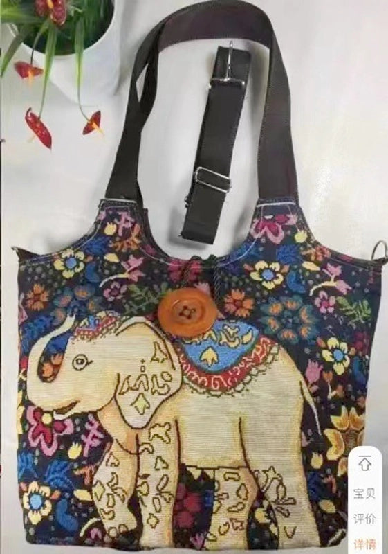 Women's Large Canvas Elephant Ethnic Style Square Zipper Shoulder Bag
