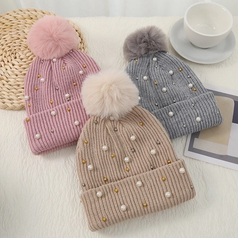 Women's Basic Sweet Minimalist Solid Color Pom Poms Pearl Eaveless Wool Cap