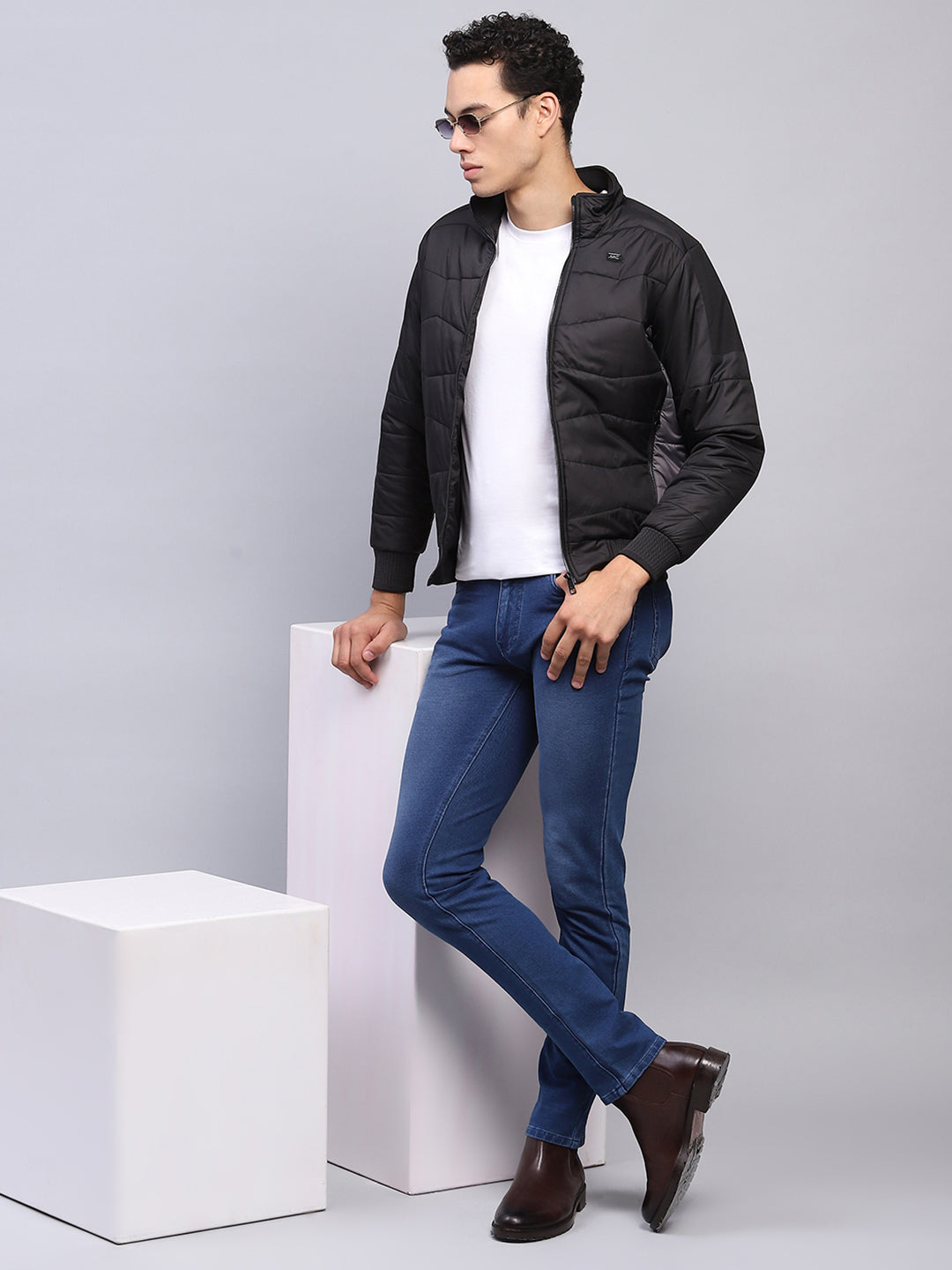 Men Black Solid Mock Neck Full Sleeve Jacket