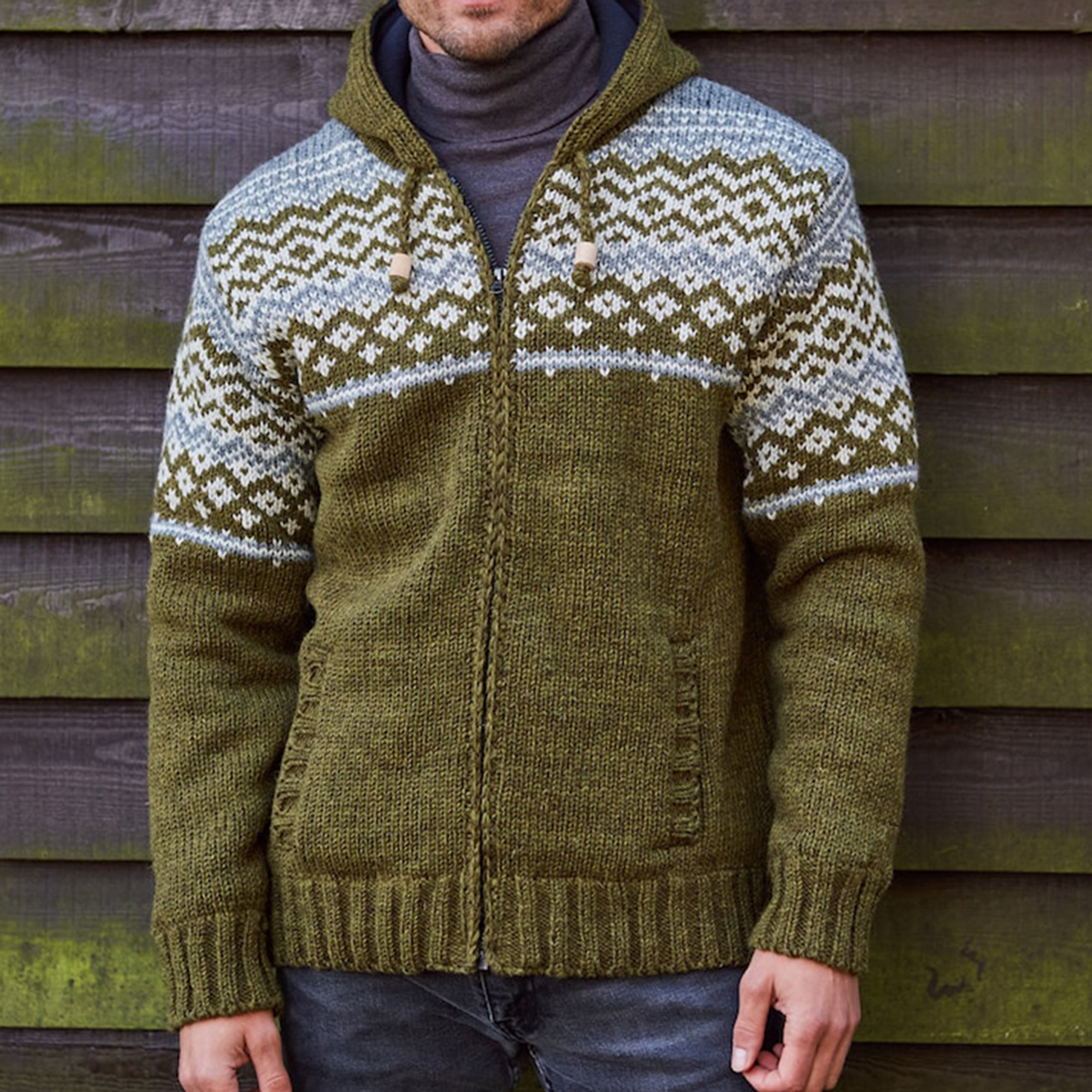 Mens Vintage Fair Isle Knitted Hooded Cardigan