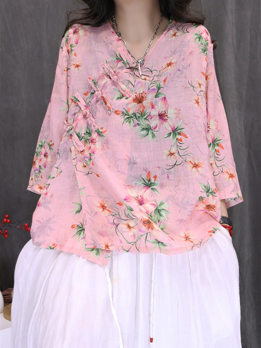 Women Summer Ethnic Flower 100%Ramie V-Neck Shirt