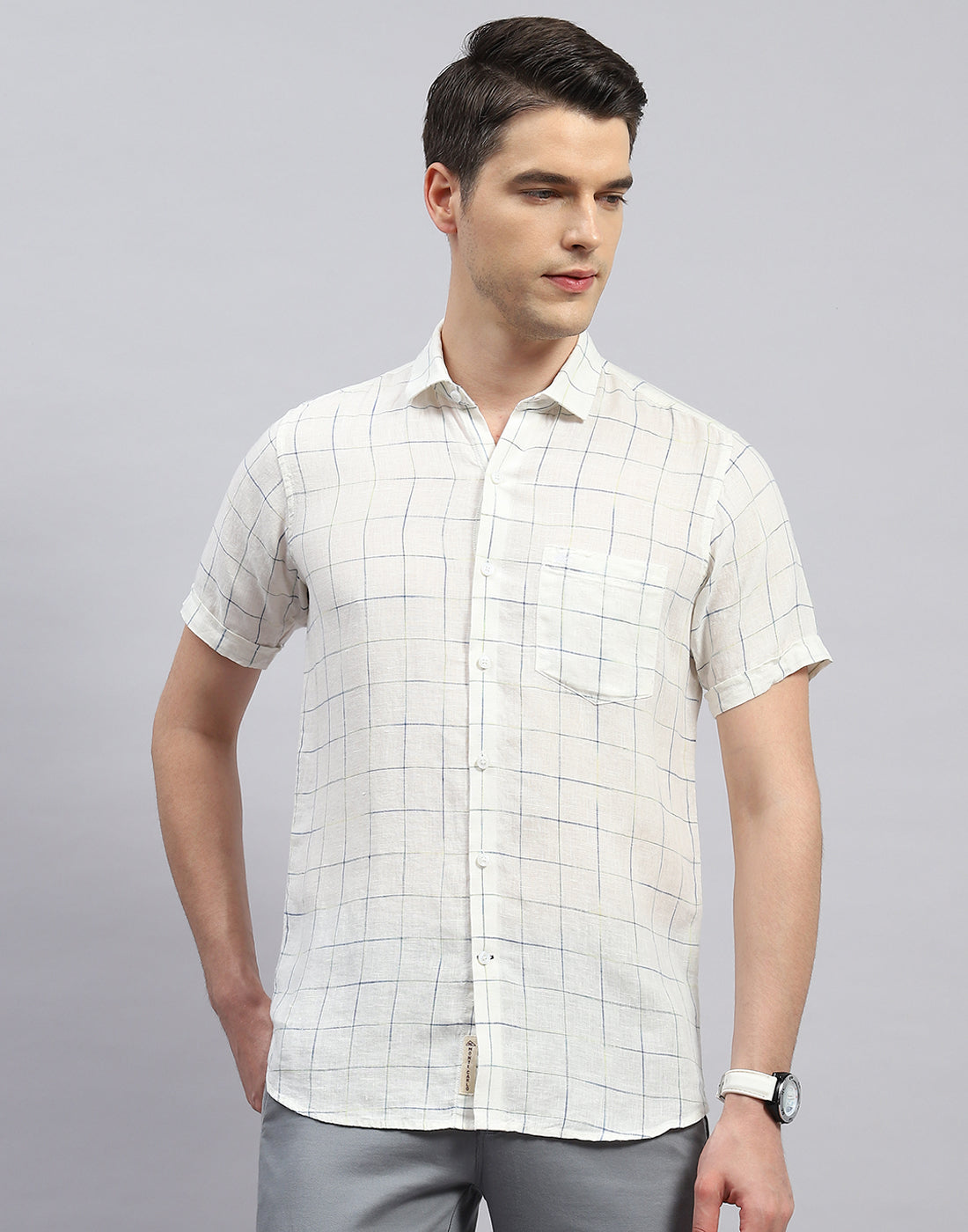 Men White Check Collar Half Sleeve Shirt