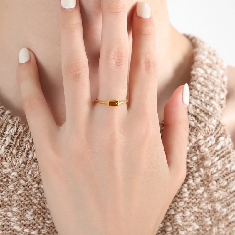 Minimalist Square Oval Titanium Steel Glass Stone Zircon 18K Gold Plated Plating Inlay Rings
